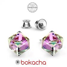 Обеци с кристали Swarovski® CUBE 6мм Vitrail Light** VL, Лилаво-зелен цвят, Код PR E419